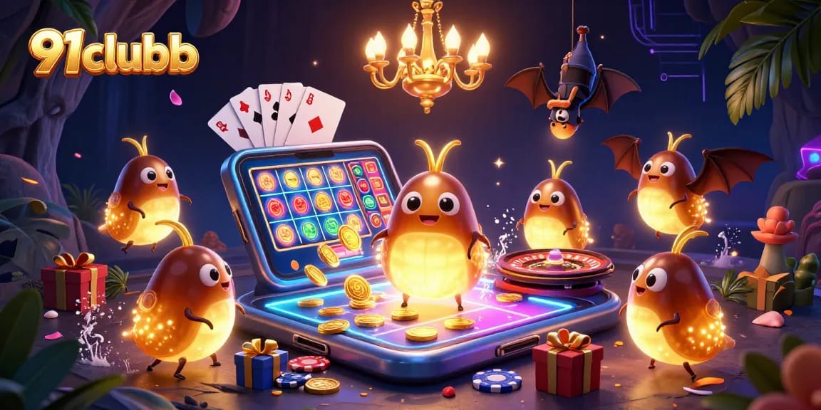 Engage with 91clubb's vibrant casino scene illuminated by glowworms, featuring slot games and festive elements.
