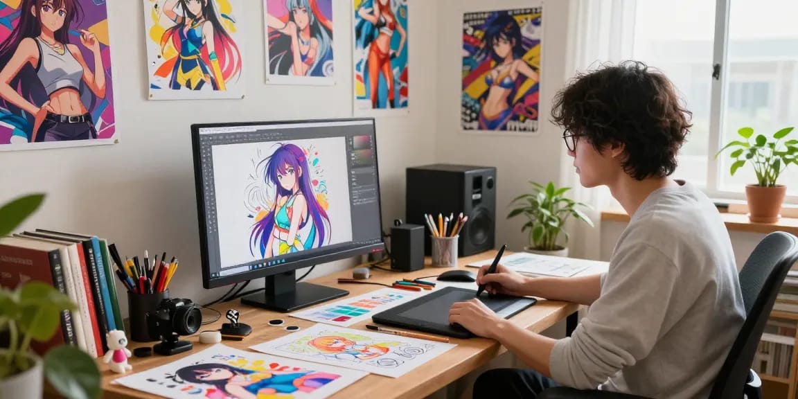 Creative anime art studio with an artist generating ecchi art using AI technology.