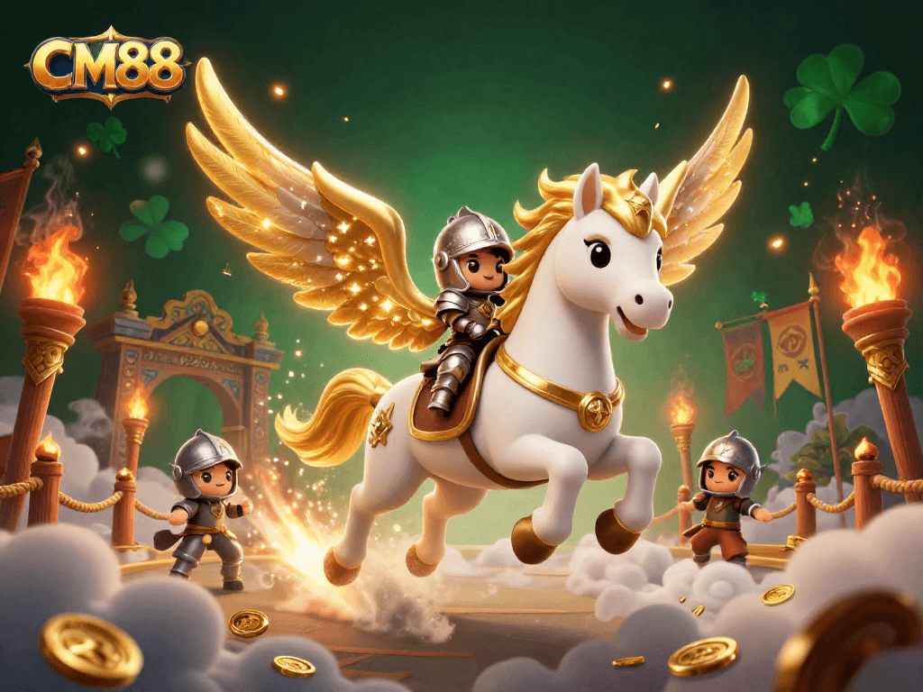 Experience CM88's epic gaming adventure with a celestial horse and knight in a dynamic casino scene.