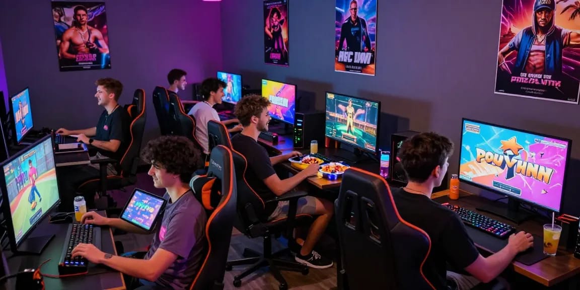 Players enjoying gay porn games in a vibrant gaming lounge, filled with colorful screens and a fun atmosphere.