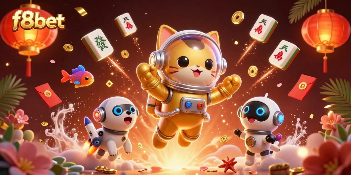 Experience thrilling f8bet action with dynamic characters and casino elements in a vibrant cosmic scene.