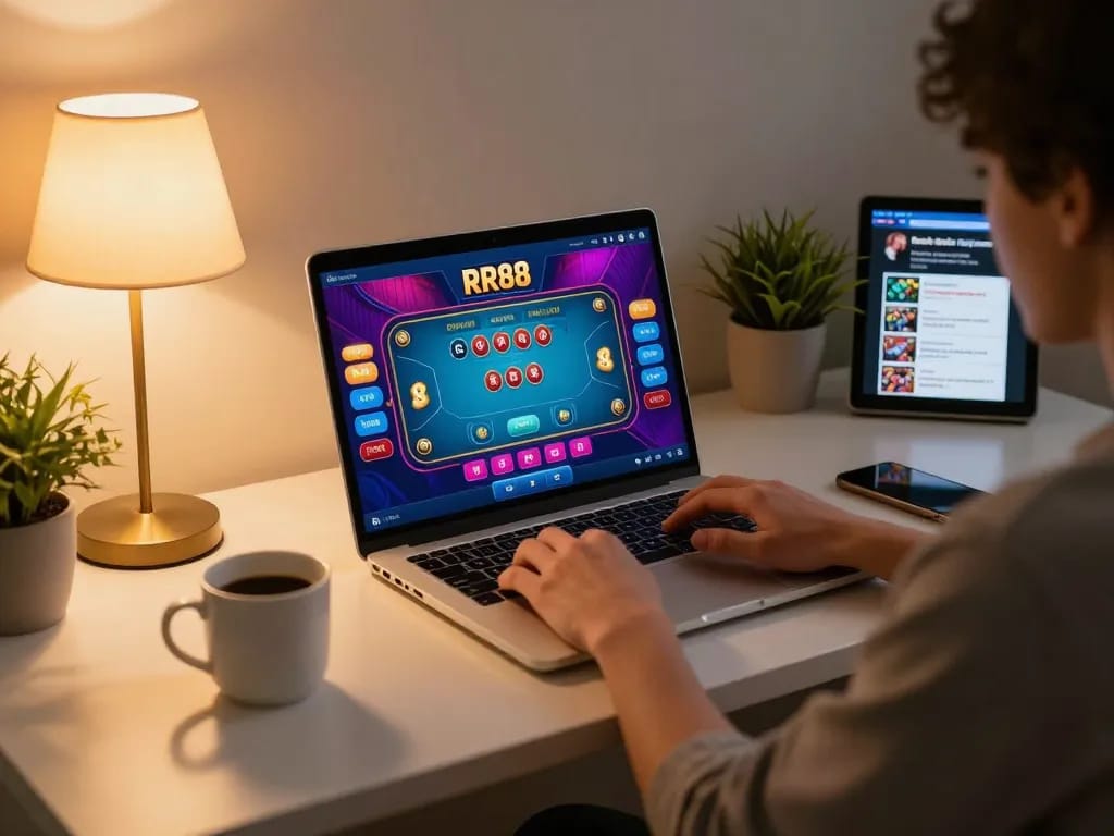 Engaging with RR88 online casino on a laptop at a stylish home setup.