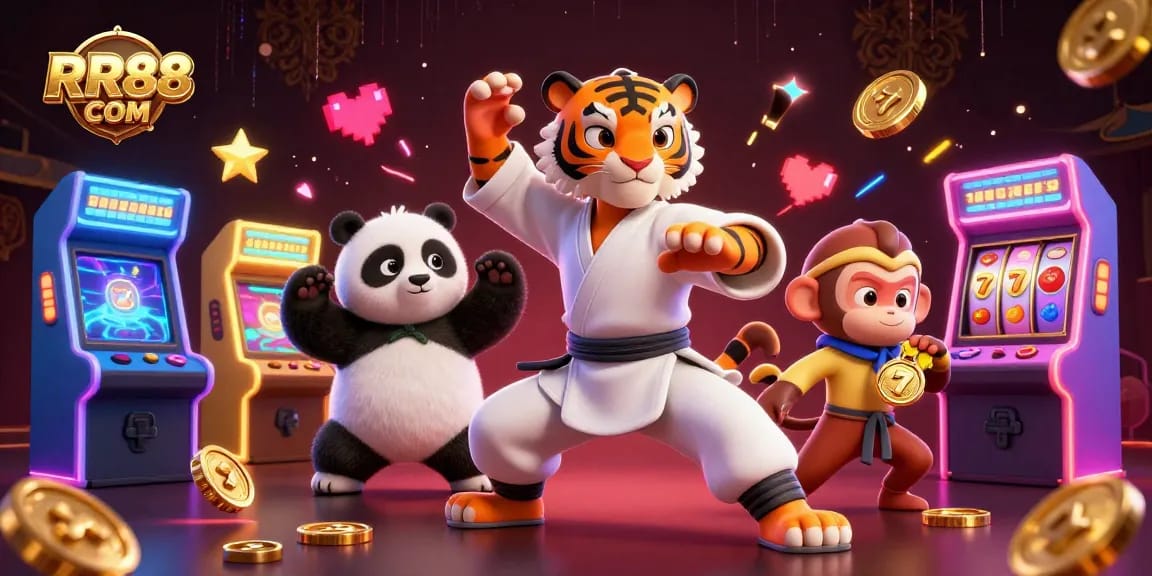Experience the thrill of RR88 COM with a dynamic casino atmosphere featuring slots and engaging characters.