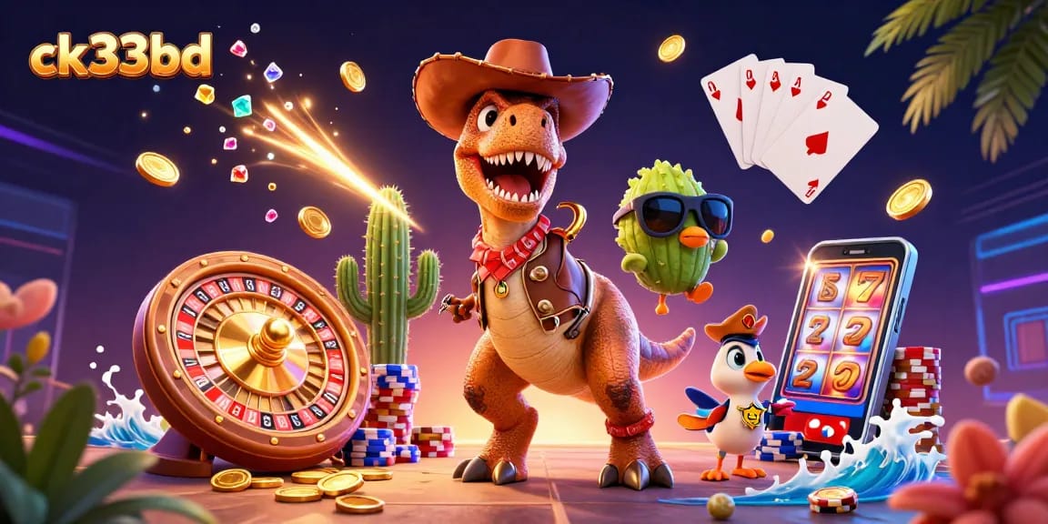 Experience thrilling casino adventures at ck33bd with a dynamic illustration of a whimsical 3D scene.