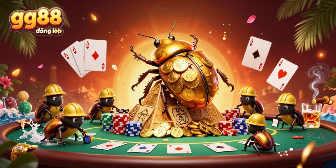 Engage in gg88 đăng nhập with a vibrant casino scene featuring cartoon beetles amidst poker elements.