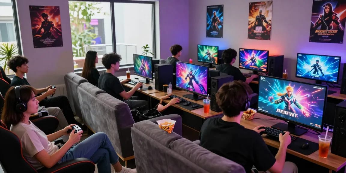 Gamers enjoying diverse NSFW apk games in a vibrant gaming lounge.