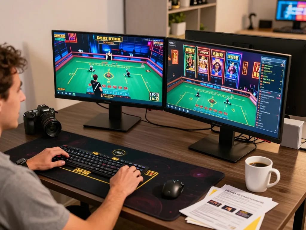 Player at CM88 engaging in live dealer blackjack with multiple monitors displaying games.