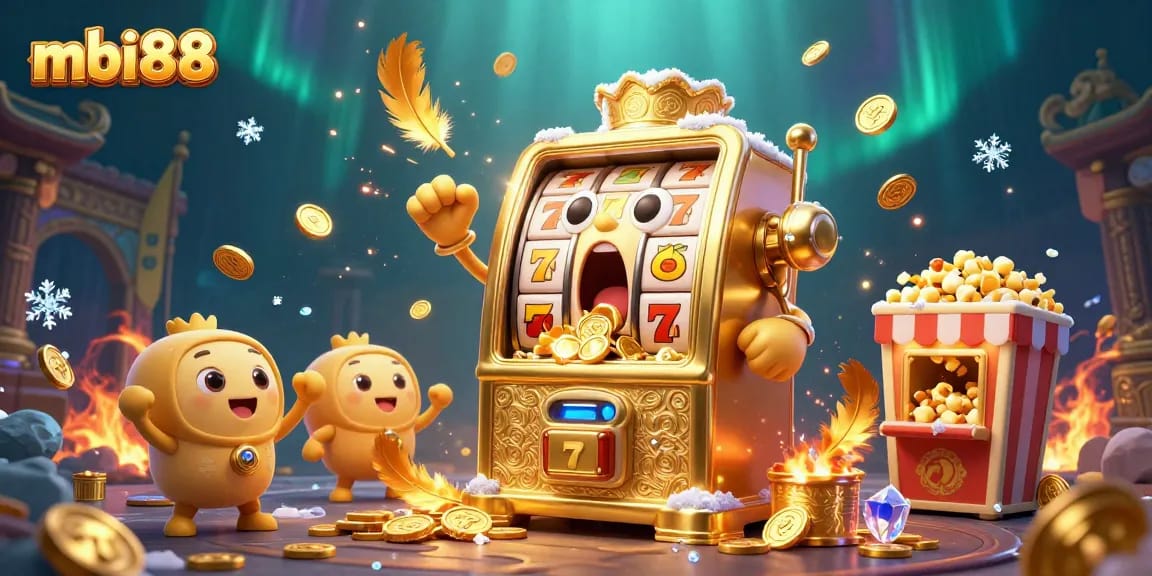 Experience the excitement of mbi88 with golden slot machines and jackpots in a lively casino scene.