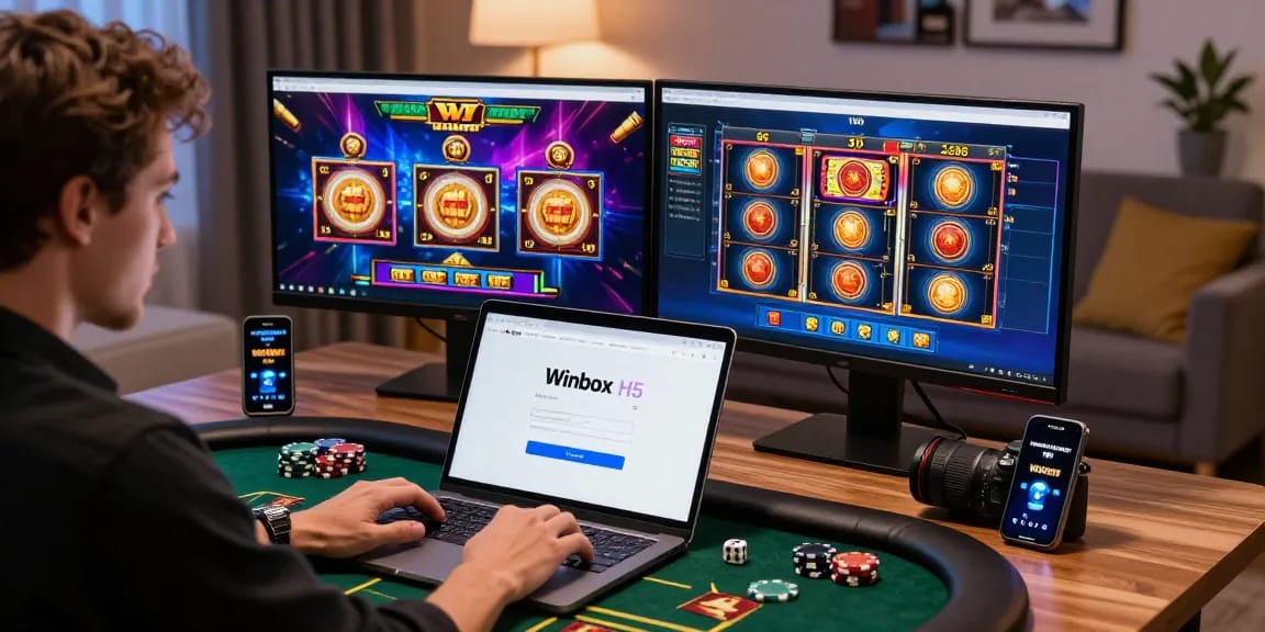Engaging Winbox login web experience with a player ready to start winning money in cozy gaming environment.