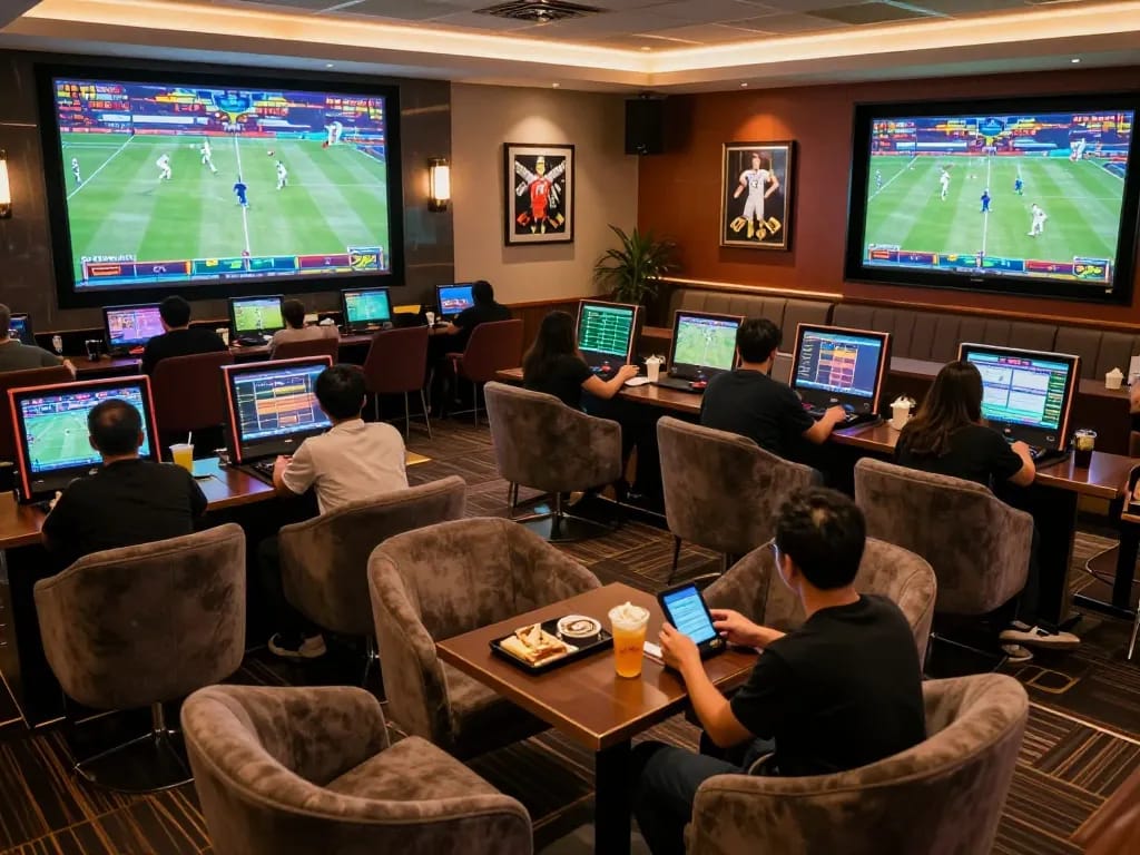 Engaging scene of sports fans using devices for kèo nhà cái hôm nay in an upscale betting lounge.