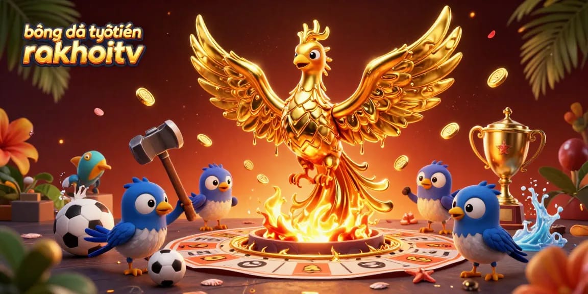 Bet on bóng đá trực tuyến rakhoitv, featuring a dynamic scene with a golden phoenix amidst vibrant sports betting elements.