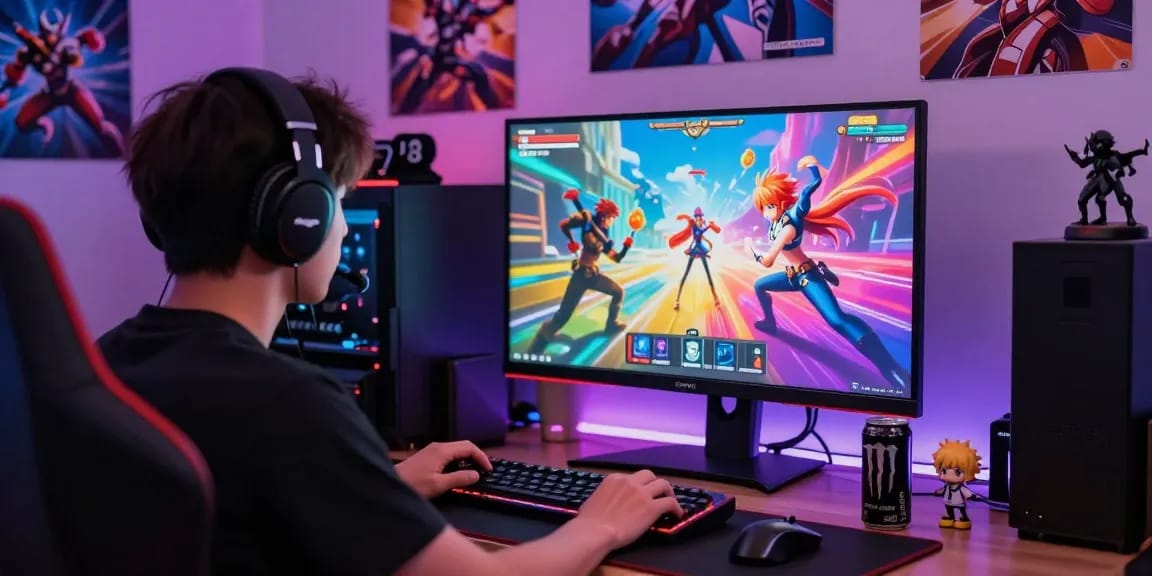 Player enjoying an engaging hentaigame on a vibrant gaming setup, showcasing a dynamic adult game.