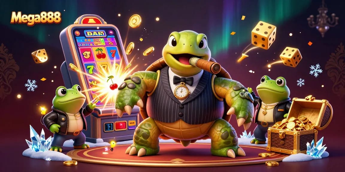 Mega888 offers thrilling game action with a cartoon turtle gangster and jackpot excitement.