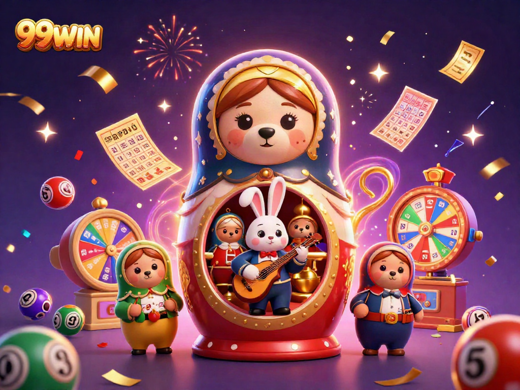 Engage with excitement at 99WIN's vibrant lottery and casino illustration, showcasing colorful game elements.