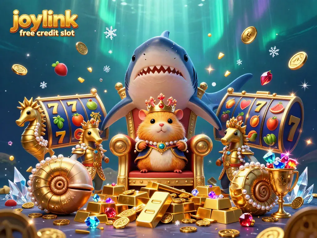 Experience the thrill of joylink free credit slot with a royal hamster king surrounded by treasures and gaming elements.