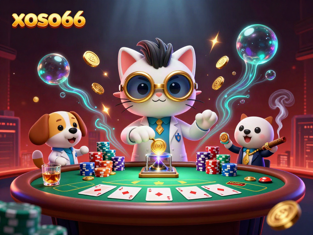 Experience the excitement of xoso66 as a mad scientist cat and a dog convert coins amidst poker elements.