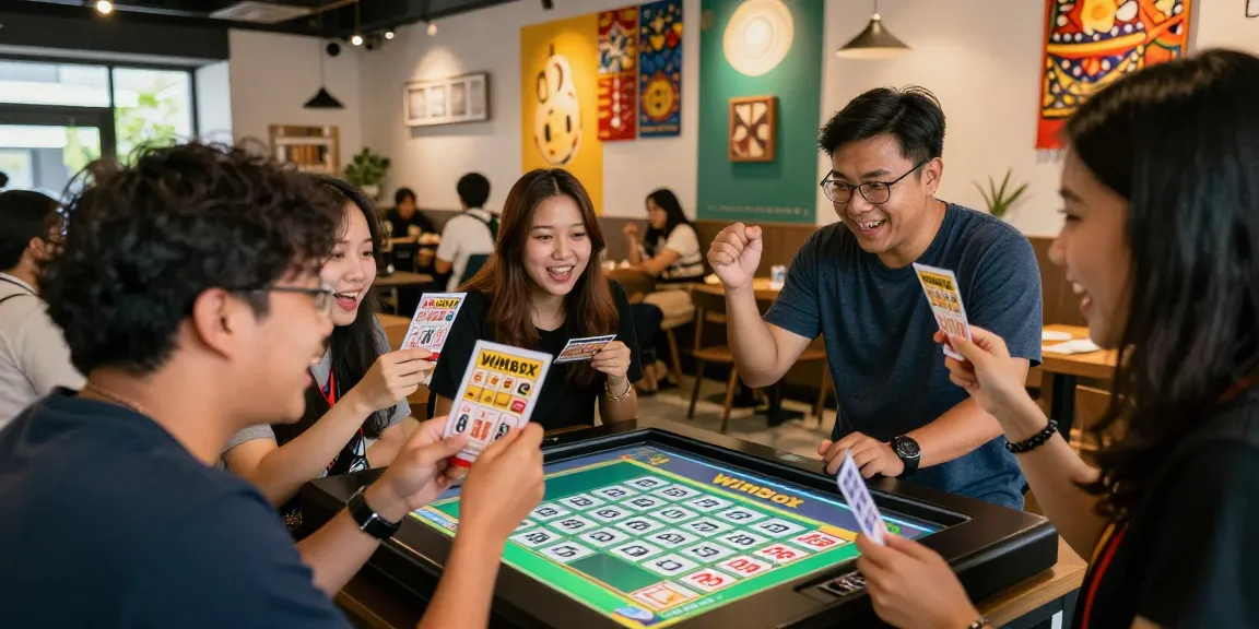 Players excitedly checking Winbox lotto result in a vibrant Malaysian cafe atmosphere