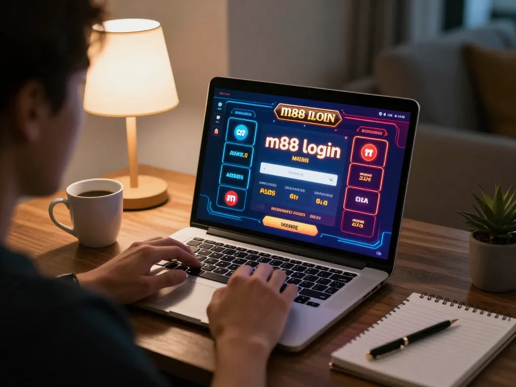 Person accessing m88 login on a laptop for online casino gaming, cozy atmosphere with strategy notes.