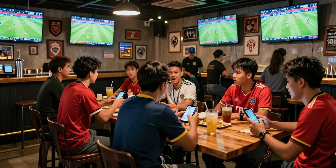 Football Betting Malaysia: Fans enthusiastically placing bets in a lively sports bar atmosphere.