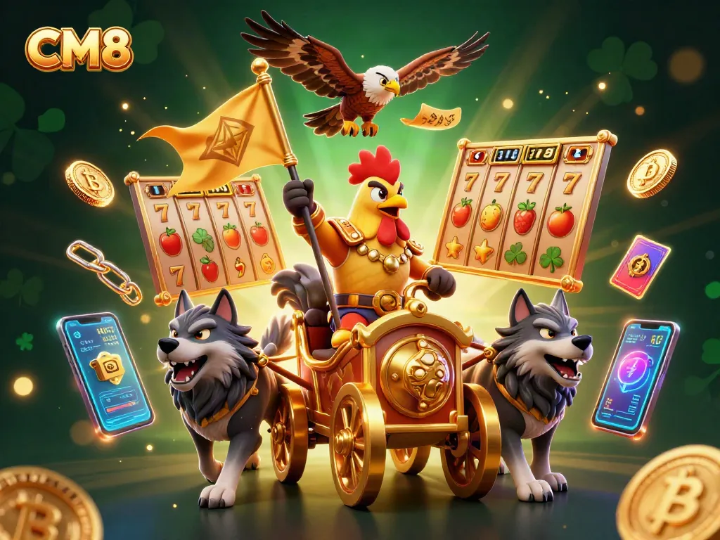 Engage with CM8's thrilling online casino experience featuring a vibrant 3D cartoon rooster warlord.