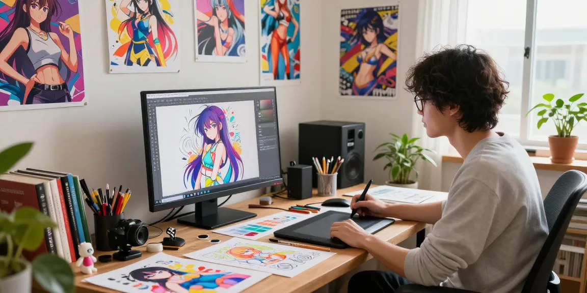 Creative anime art studio with an artist generating ecchi art using AI technology.