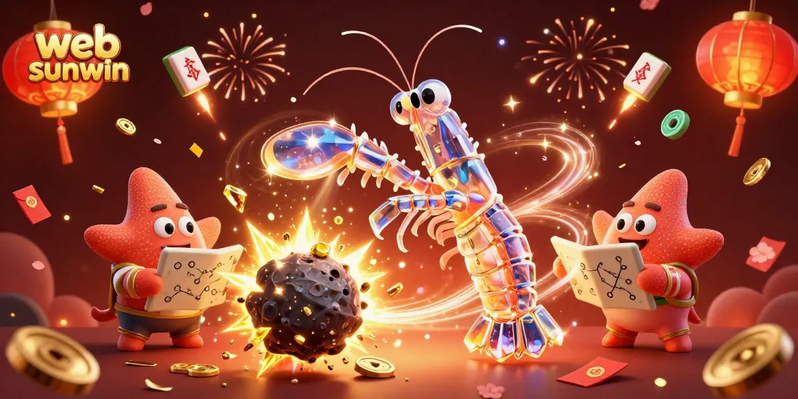 Entertaining with web sunwin, the galactic samurai mantis shrimp celebrates winnings while gems and coins explode.