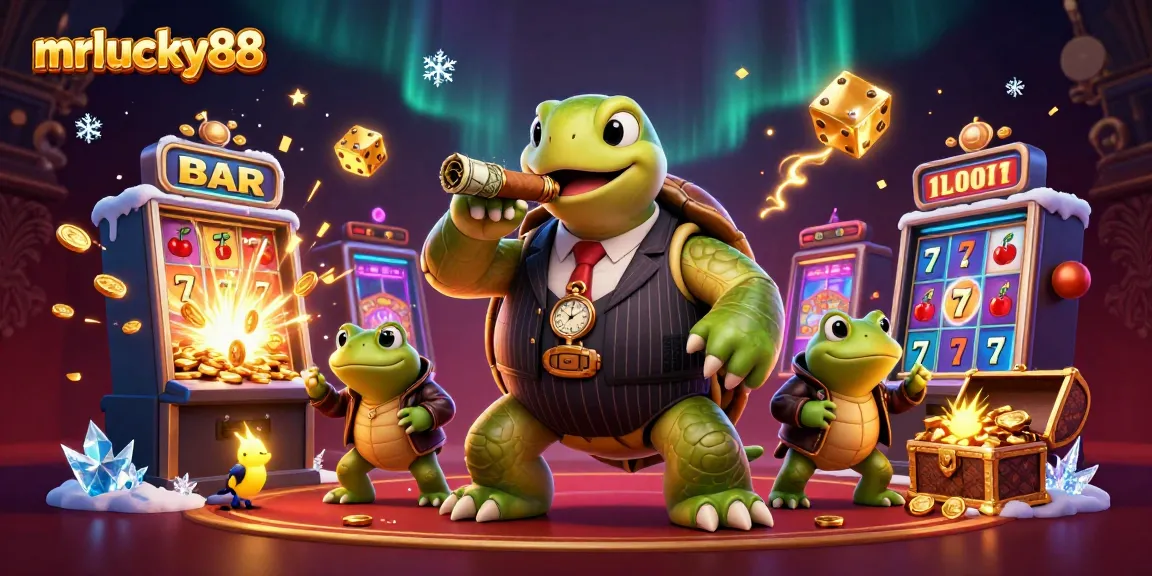 Experience the excitement of mrlucky88 with a dynamic casino scene featuring a turtle mobster and gold-filled slot machines.