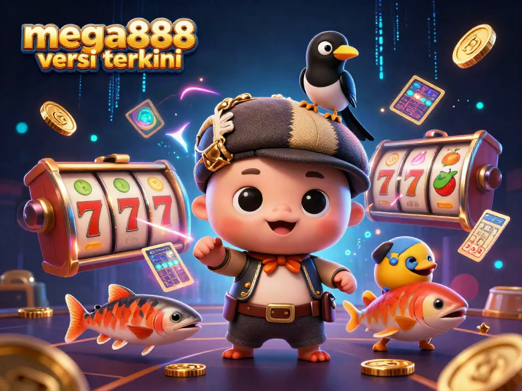 Engaging illustration of mega888 versi terkini with cartoon characters, slot reels, and vibrant casino elements.