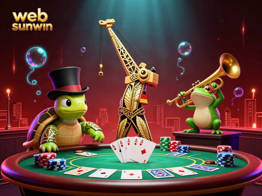 Engage in thrilling play at web sunwin, featuring dynamic casino characters surrounded by poker and gaming elements.
