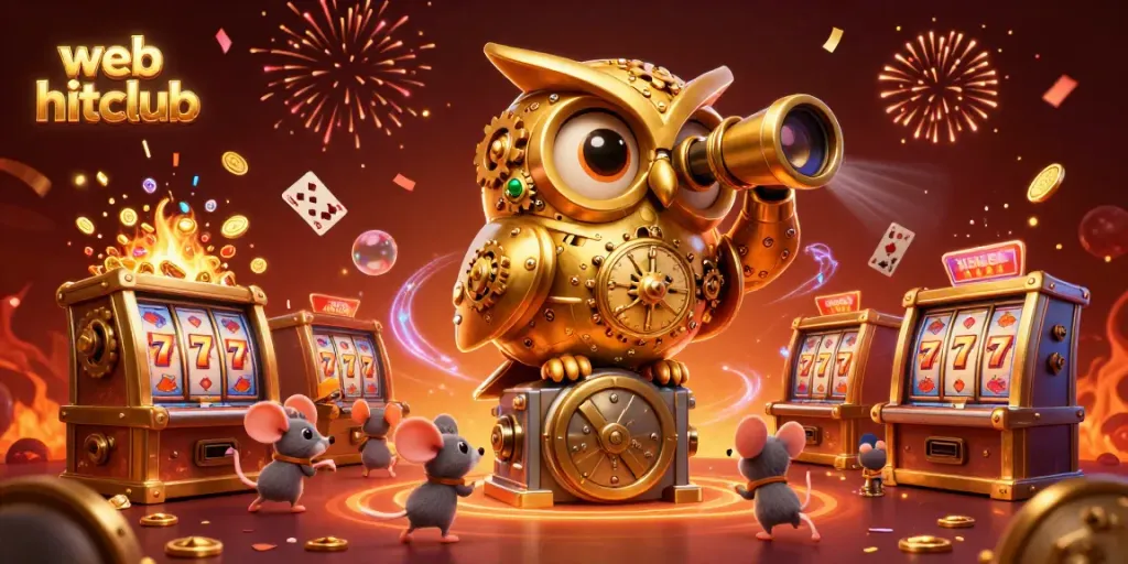 Experience thrilling gameplay at web hitclub with a dynamic casino scene featuring a golden owl and animated slot machines.