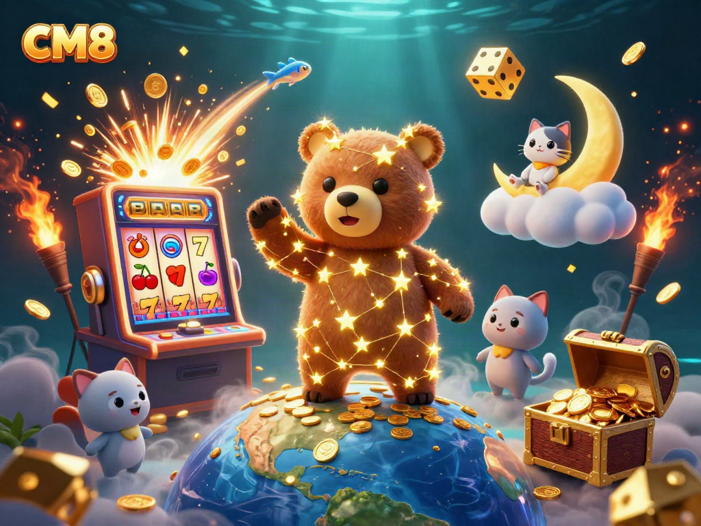 Experience the thrill of CM8 slots with golden winnings and dynamic gaming elements in this vibrant 3D illustration.