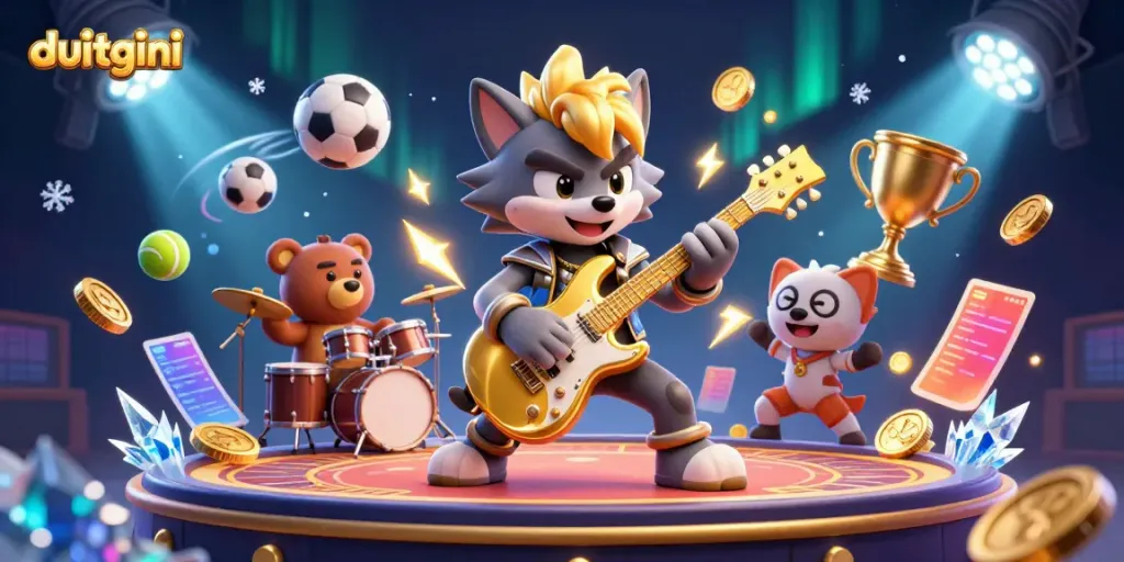 DuitGini showcases a rock star wolf and drummer bear performing amidst vibrant casino elements, proving entertaining gaming.