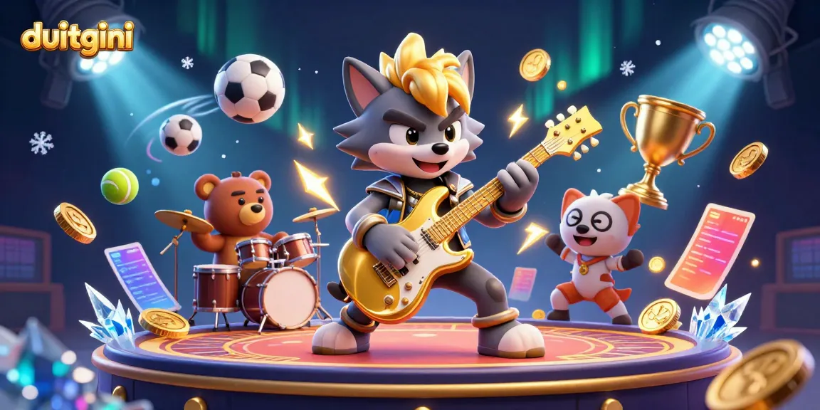 DuitGini showcases a rock star wolf and drummer bear performing amidst vibrant casino elements, proving entertaining gaming.