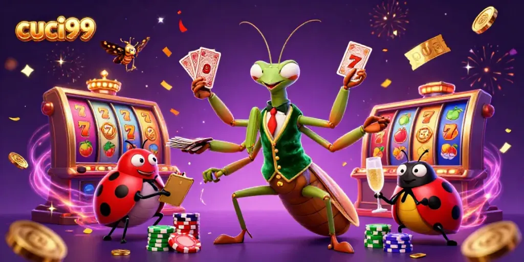 Experience excitement at cuci99 with a dynamic 3D casino illustration featuring a giant bug dealer.