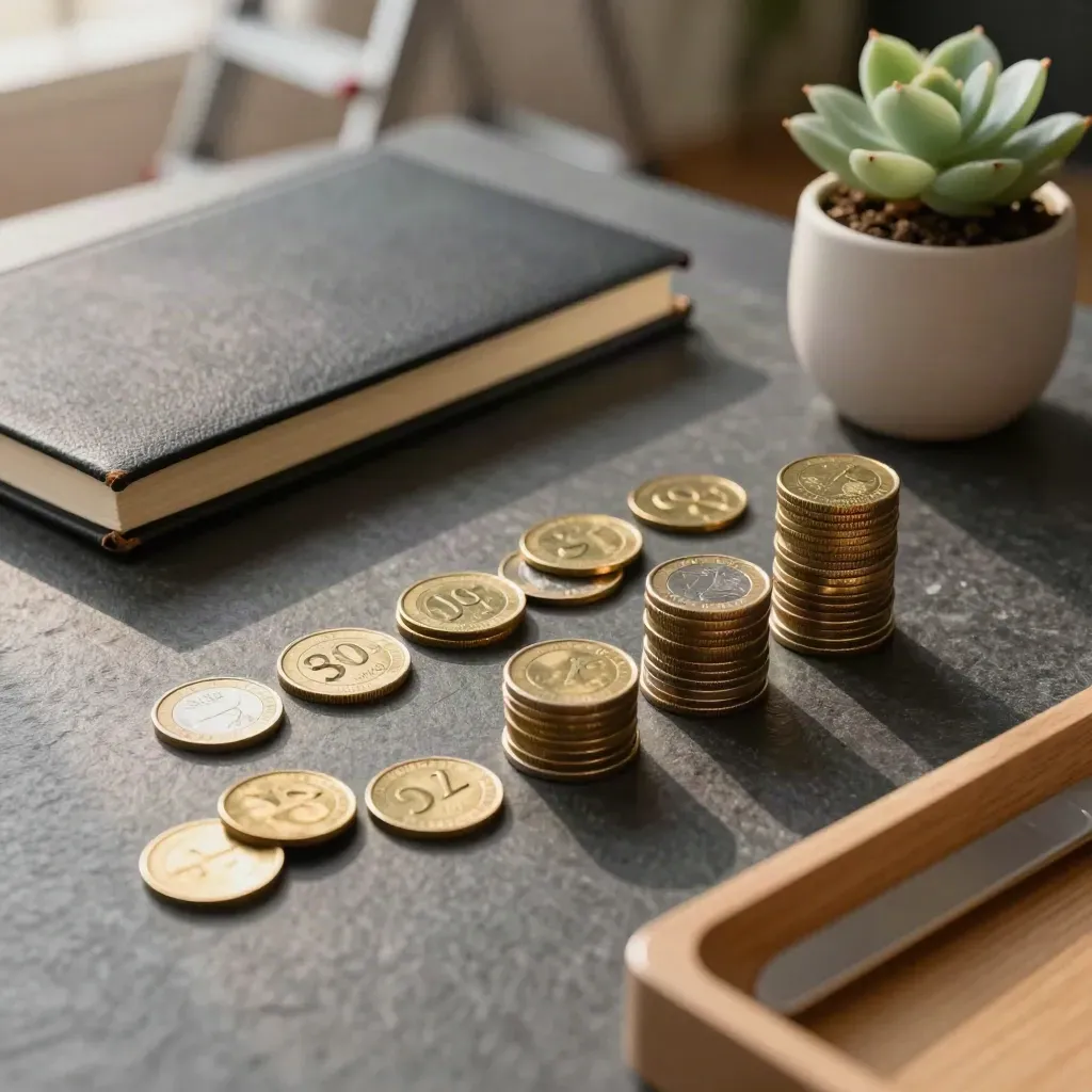 Meja perancangan kewangan dengan token laluan, buku tertutup, pokok kecil dan tiga timbunan syiling.