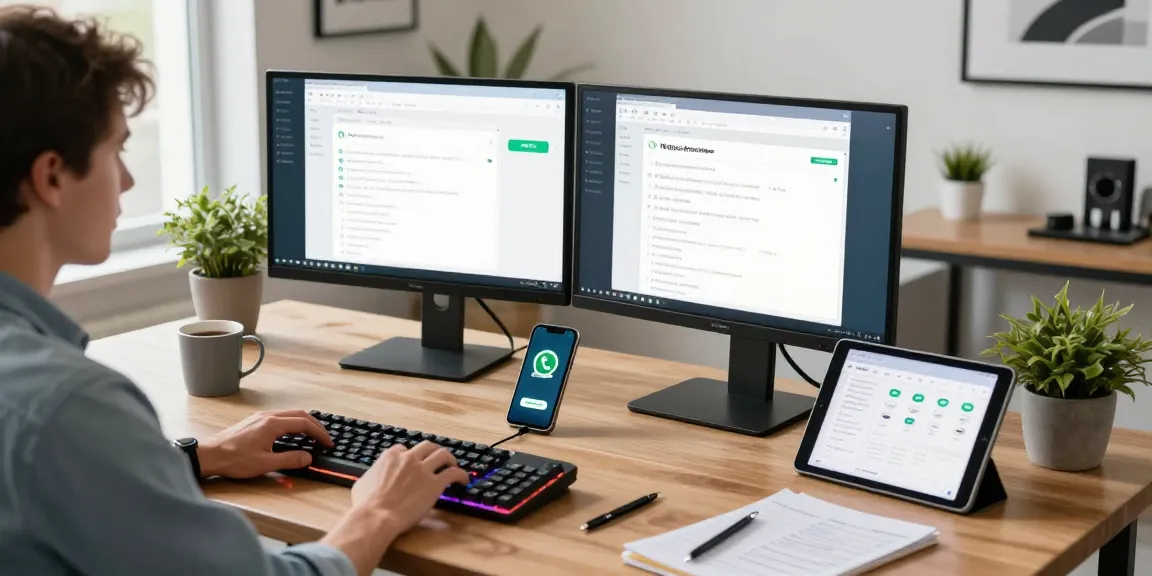 Workspace featuring WhatsApp電腦版 on dual monitors, coffee, and productivity tools in a bright professional setting.