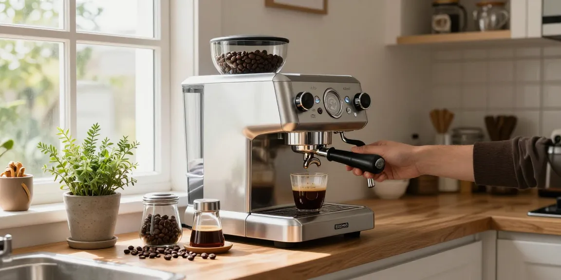 Barista using ROKOK88 espresso machine in a bright kitchen.