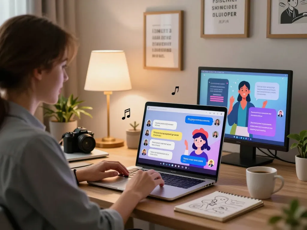 Engaging ai sex chat interaction in a modern home office setting.