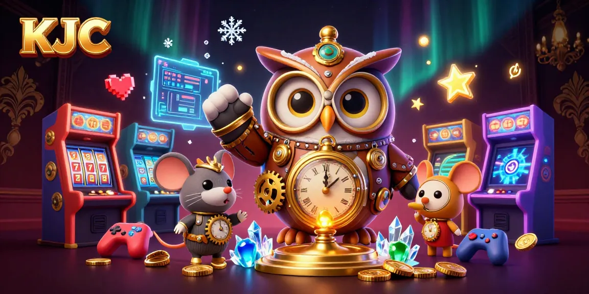 KJC offers a vibrant and engaging gambling experience with retro arcade themes and casino elements in a 3D illustration.