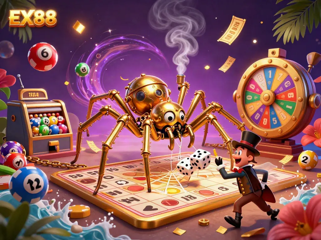 Experience the fun of EX 88 with vibrant casino elements like golden tickets and bingo cards.