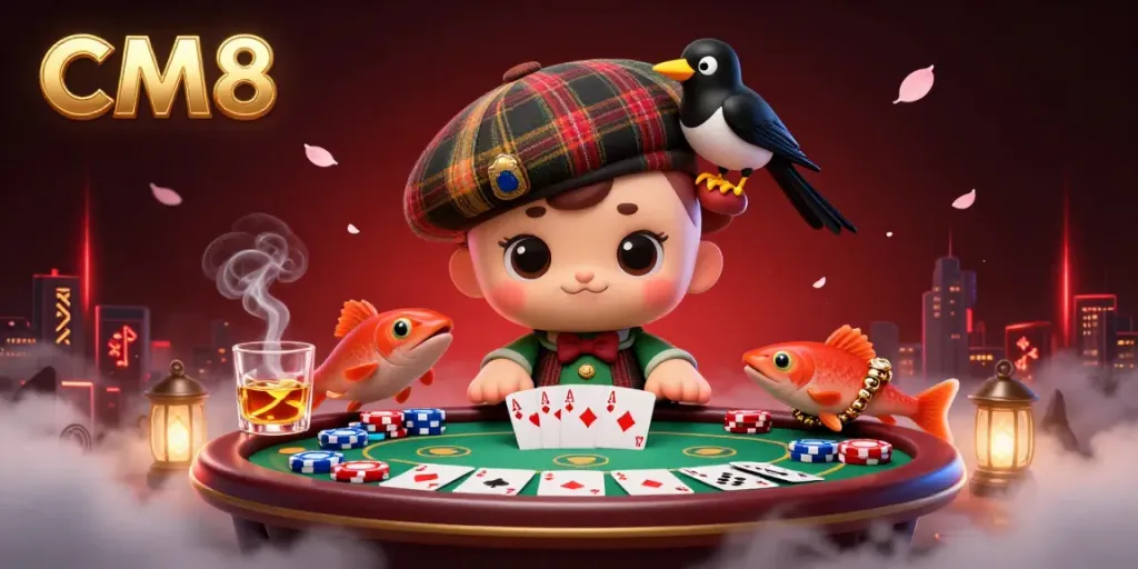 Join CM8 for thrilling casino action with colorful poker chips and playful characters in a vibrant 3D scene.