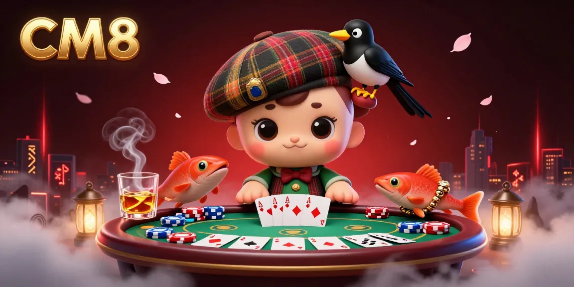 Join CM8 for thrilling casino action with colorful poker chips and playful characters in a vibrant 3D scene.