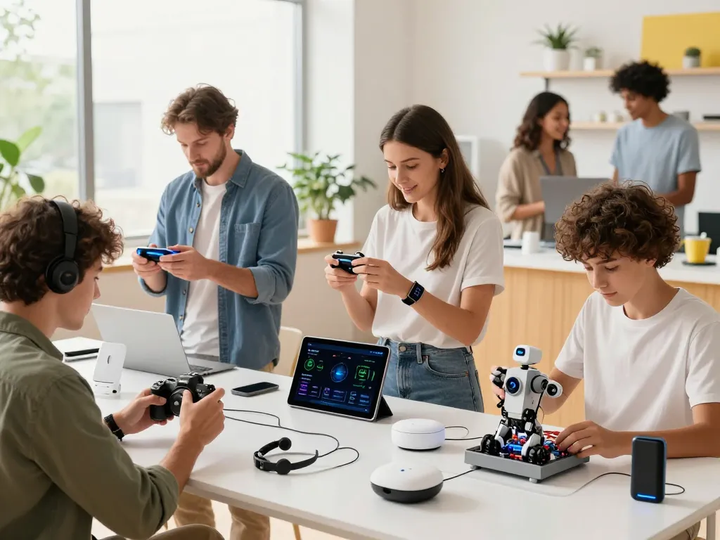 Exploring the latest tech gadgets 2080, showcasing innovative Bluetooth devices in a modern workspace.