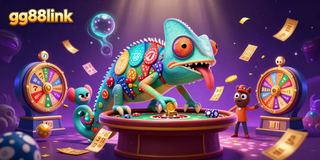 Experience excitement with gg88link's dynamic chameleon casino owner surrounded by vibrant gaming elements.