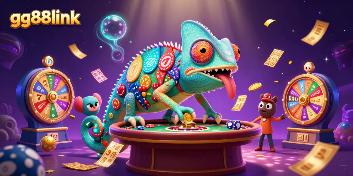 Experience excitement with gg88link's dynamic chameleon casino owner surrounded by vibrant gaming elements.