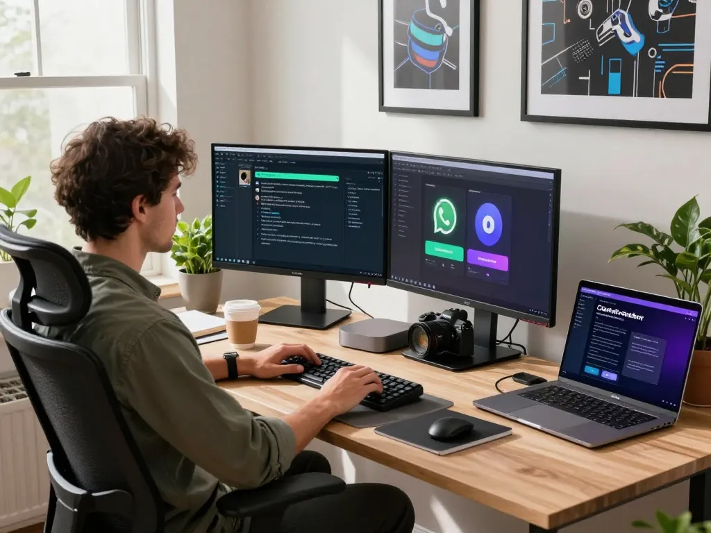 Developer using Clawdbot on Mac mini in a bright home office with dual monitors.