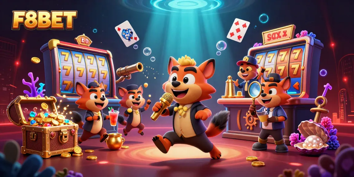 F8BET showcases a lively comedy casino scene with animated hyenas featuring slots and golden features.