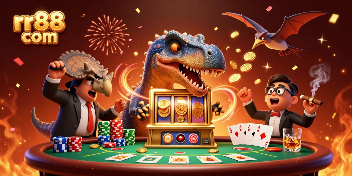 Experience the thrill of rr88 com as a dinosaur sparks a jackpot frenzy, capturing casino excitement.