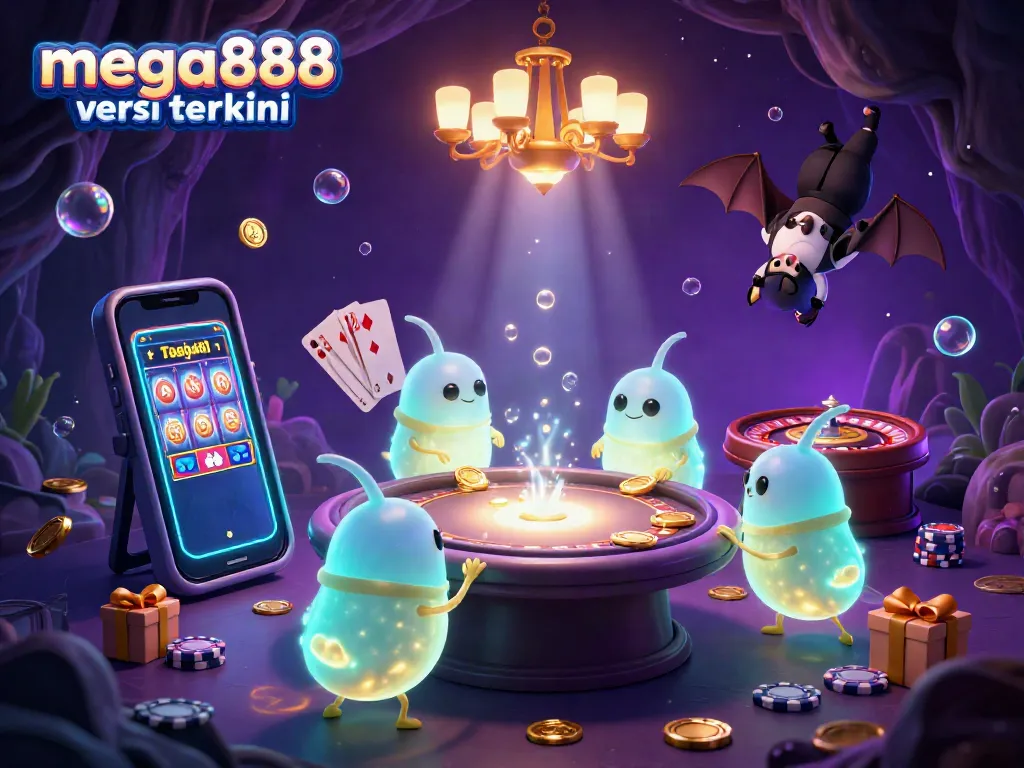 Experience mega888 versi terkini with glowing glowworms in a vibrant cave casino, showcasing immersive gaming elements.