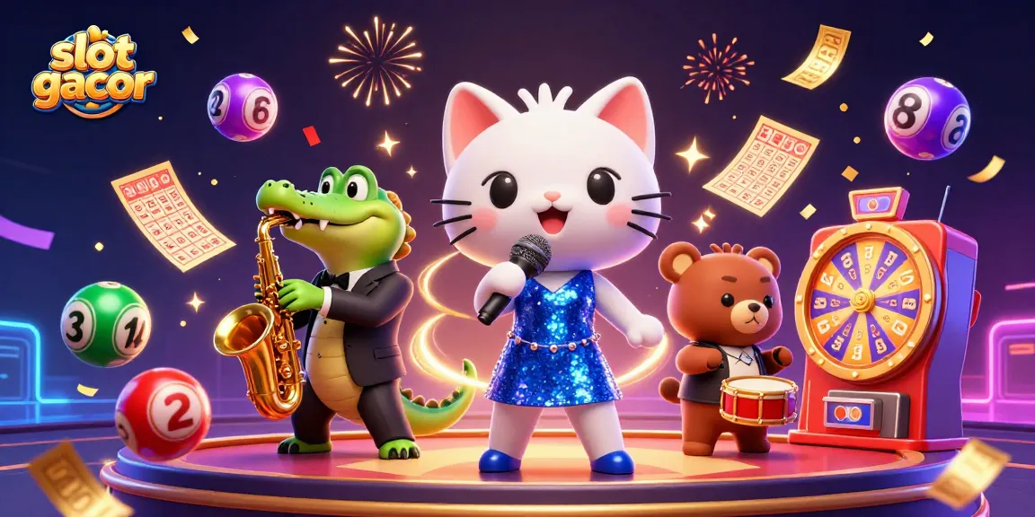 Engage in slot gacor excitement with colorful characters and casino elements celebrating wins.